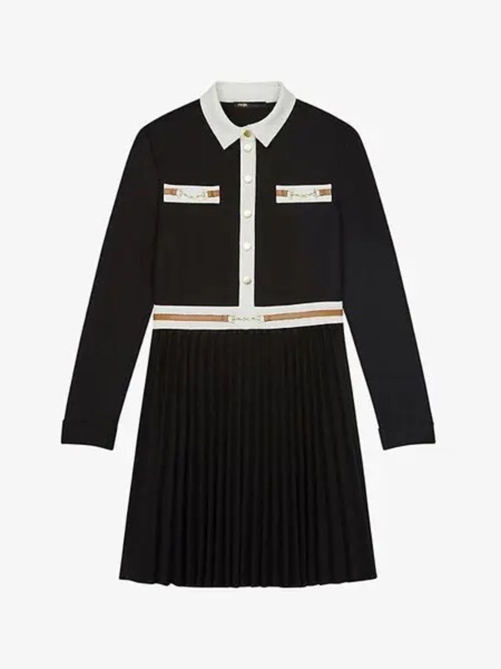 MAJE Roulia Black & White Faux Leather Embellished Pleated Shirt Dress - Picture 2 of 6